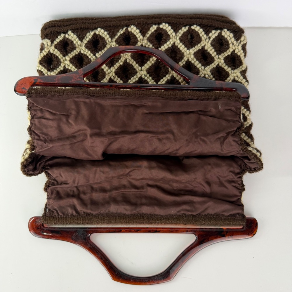 Vintage 70s Wool Handbag Brown Cream Diamond Pattern Tortoiseshell Handle Bag - Picture 4 of 10